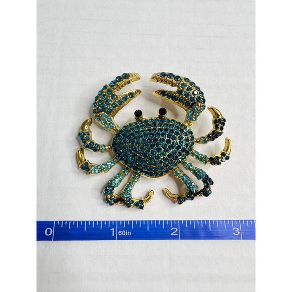 Blue Crab Brooch Teal Turquoise Rhinestones Gold Tone Fashion Jewlery Large Pin - Picture 3 of 5